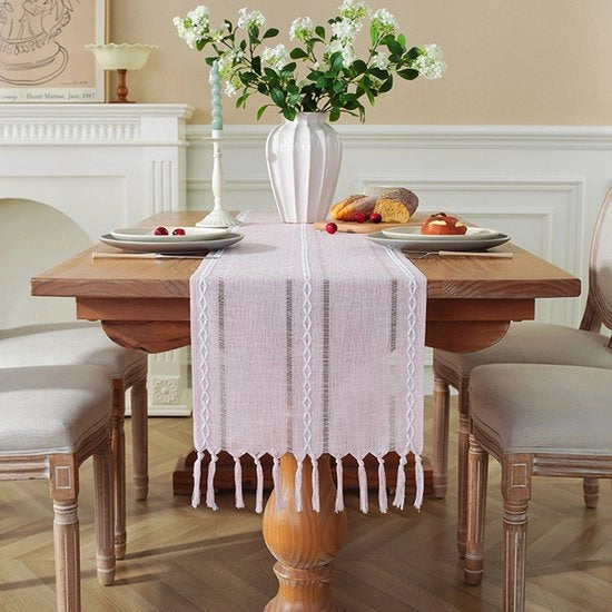 Tavolo da pranzo a strisce con copertura di stoffa - Tavolo da pranzo a strisce con copertura di stoffa con punti decorativi e pennelli - Tavolo da pranzo bohemien a strisce con copertura di stoffa - Dimensioni 33x183cm