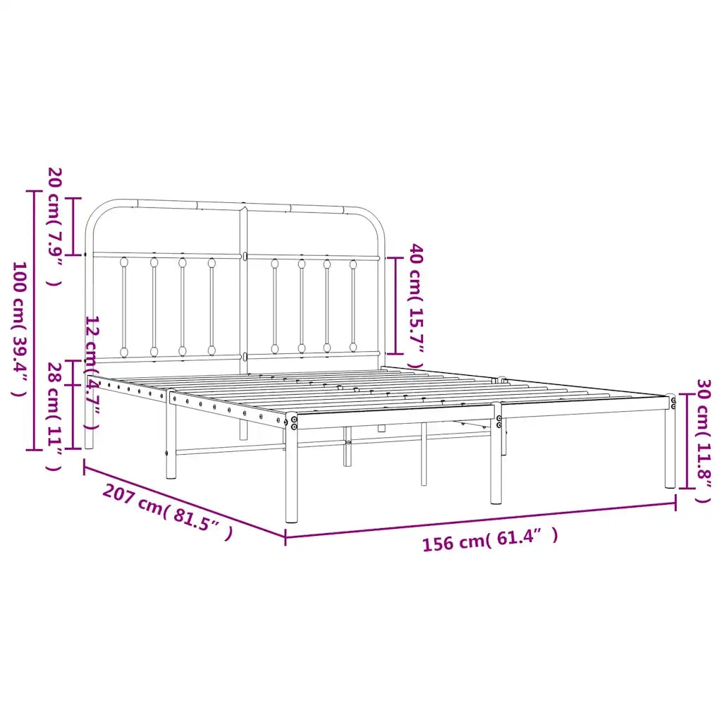 Letto matrimoniale | Letto per adulti | Giroletto con Testiera in Metallo Nero 150x200 cm