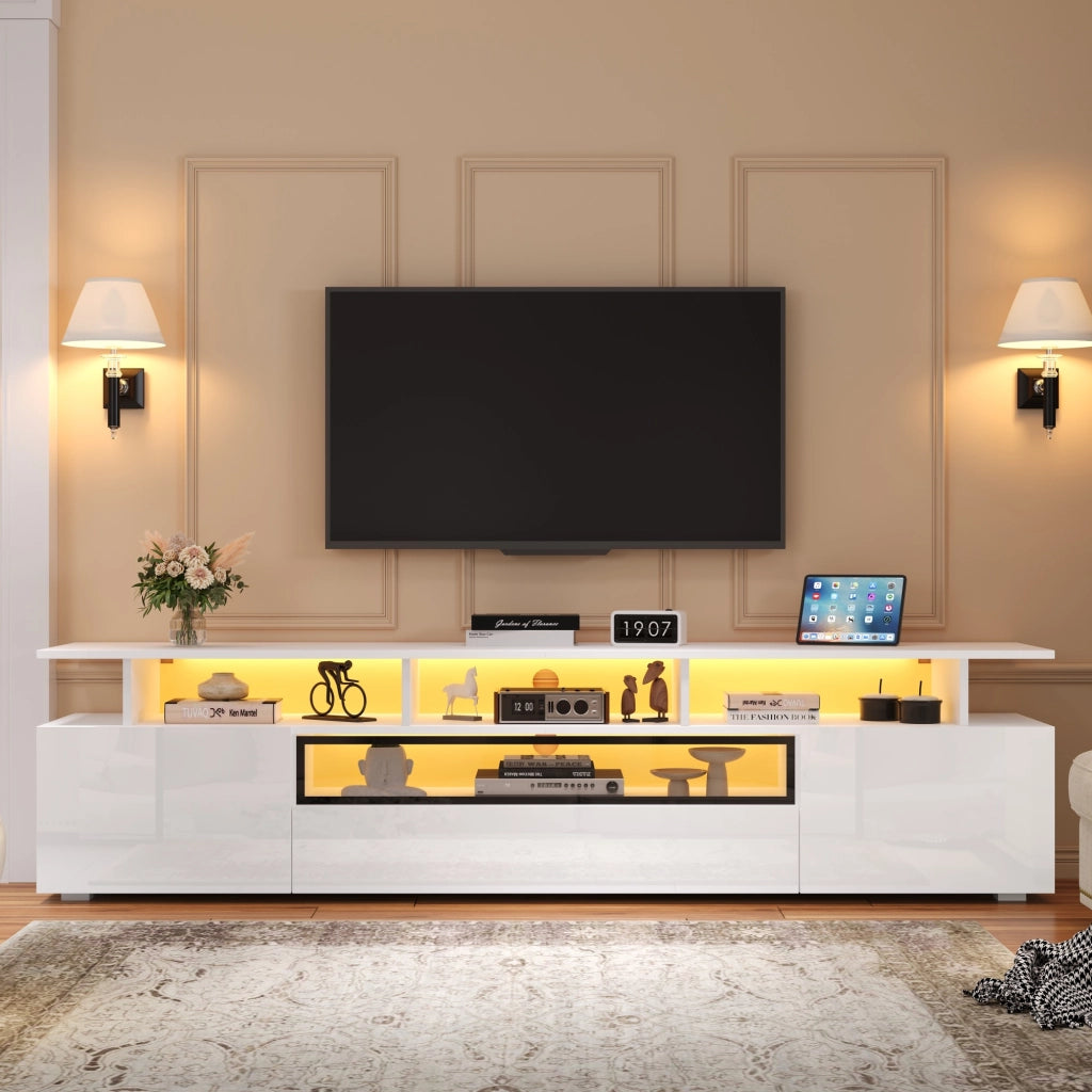 MOBILE TV 180x38x45 cm Bianco lucido con LED 2 ante 1 cassetto per TV fino a 75"
