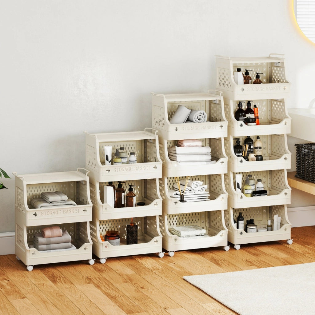 Cestino per bucato 5 piani carrello impilabile in plastica, Cestino per bucato organizzatore aperto per lavanderia Beige-Cesti del bucato