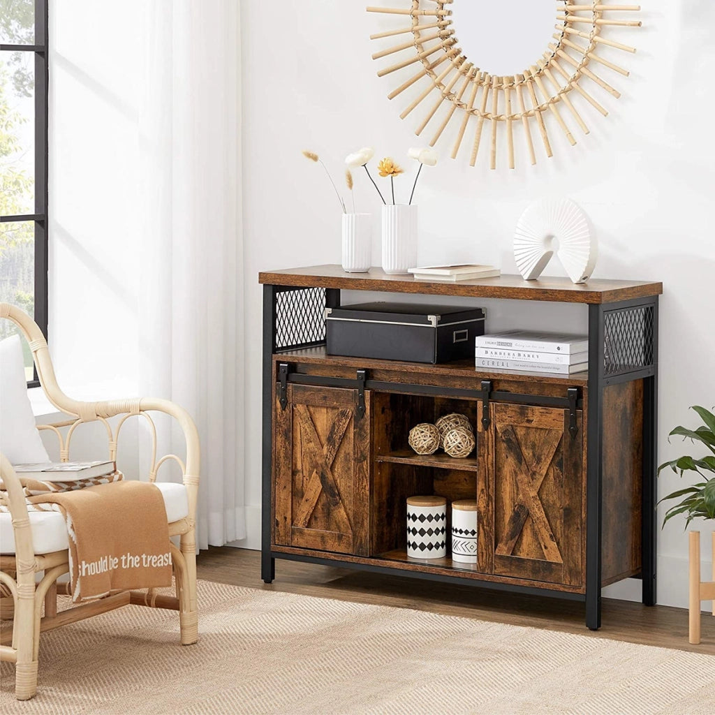 Credenza Industriale Rustica con Ante Scorrevoli in Legno e Metallo