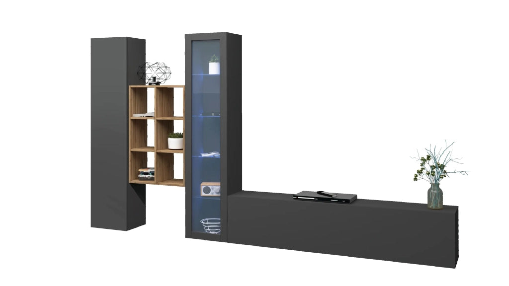Parete attrezzata antracite moderna vetrina mobile TV libreria legno Rold RT