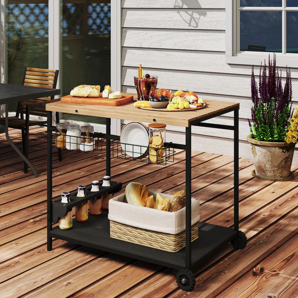 Carrello da giardino per barbecue ¨C Xylo ¨C legno e metallo con 2 ripiani e portabottiglie