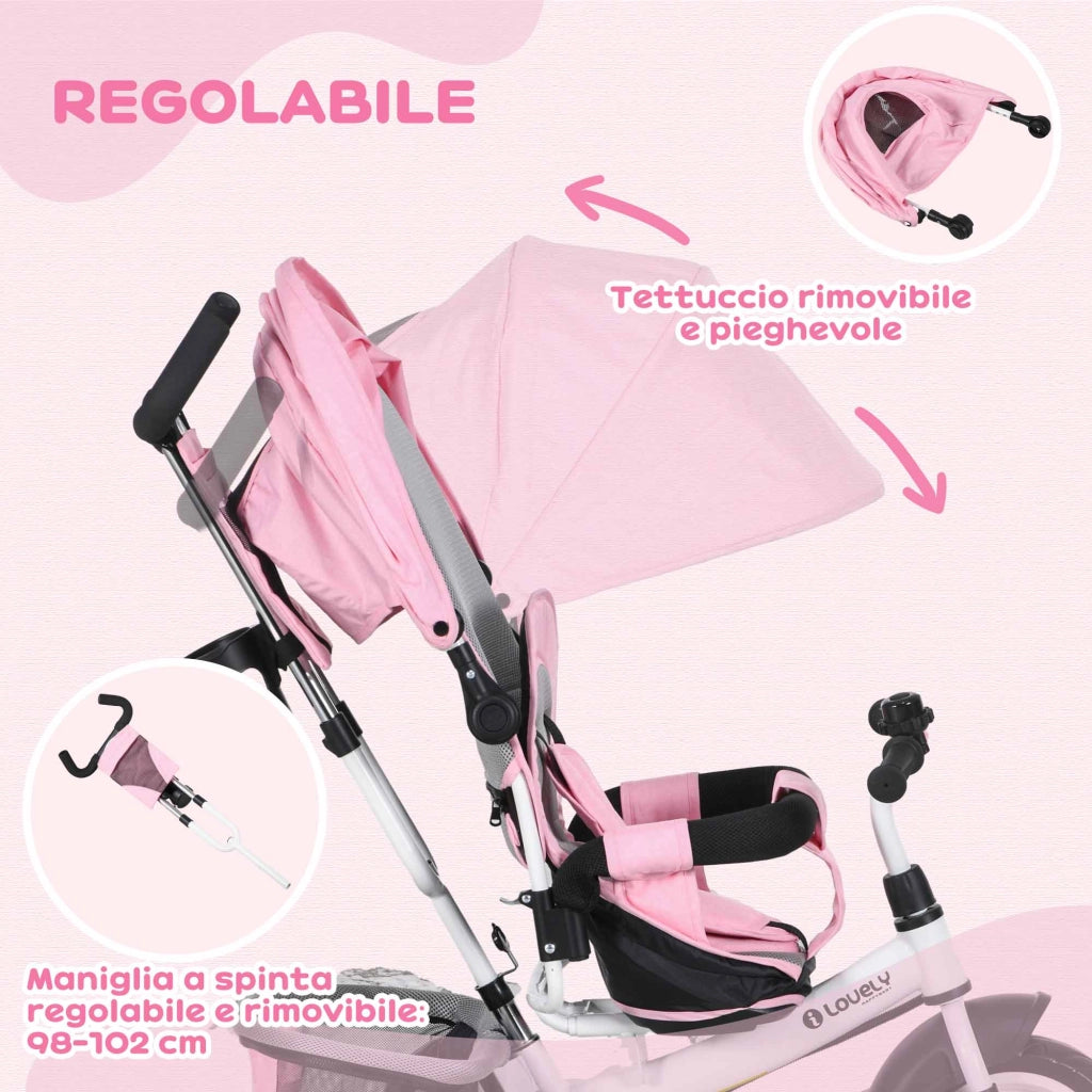 Triciclo per Bambini 1-5 Anni ¨C Xylo ¨C Bianco e Rosa con Maniglione e Tettuccio Regolabile 102x49x102 cm