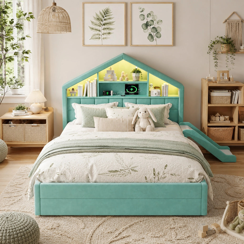 letto per bambini velluto blu verde 140x200 cm