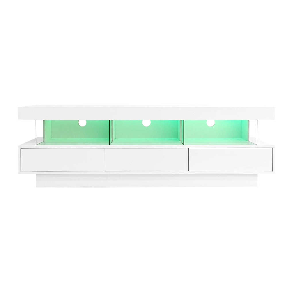 Mobile TV 160x38x50.5 cm con 3 ripiani in vetro e LED controllabile tramite app in truciolato bianco