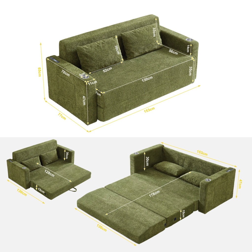 Divano letto 2 posti con funzione letto; USB; portabicchieri e tasche laterali in schiuma verde