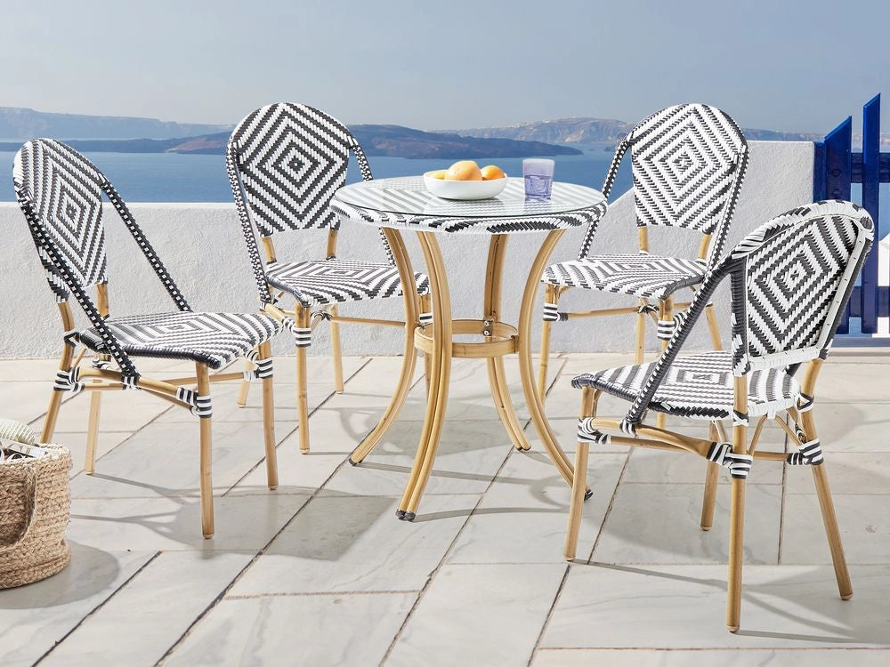 Tavolo da giardino Piano in rattan sintetico Bianco e Nero ø 70 cm Struttura in Vetro e Alluminio