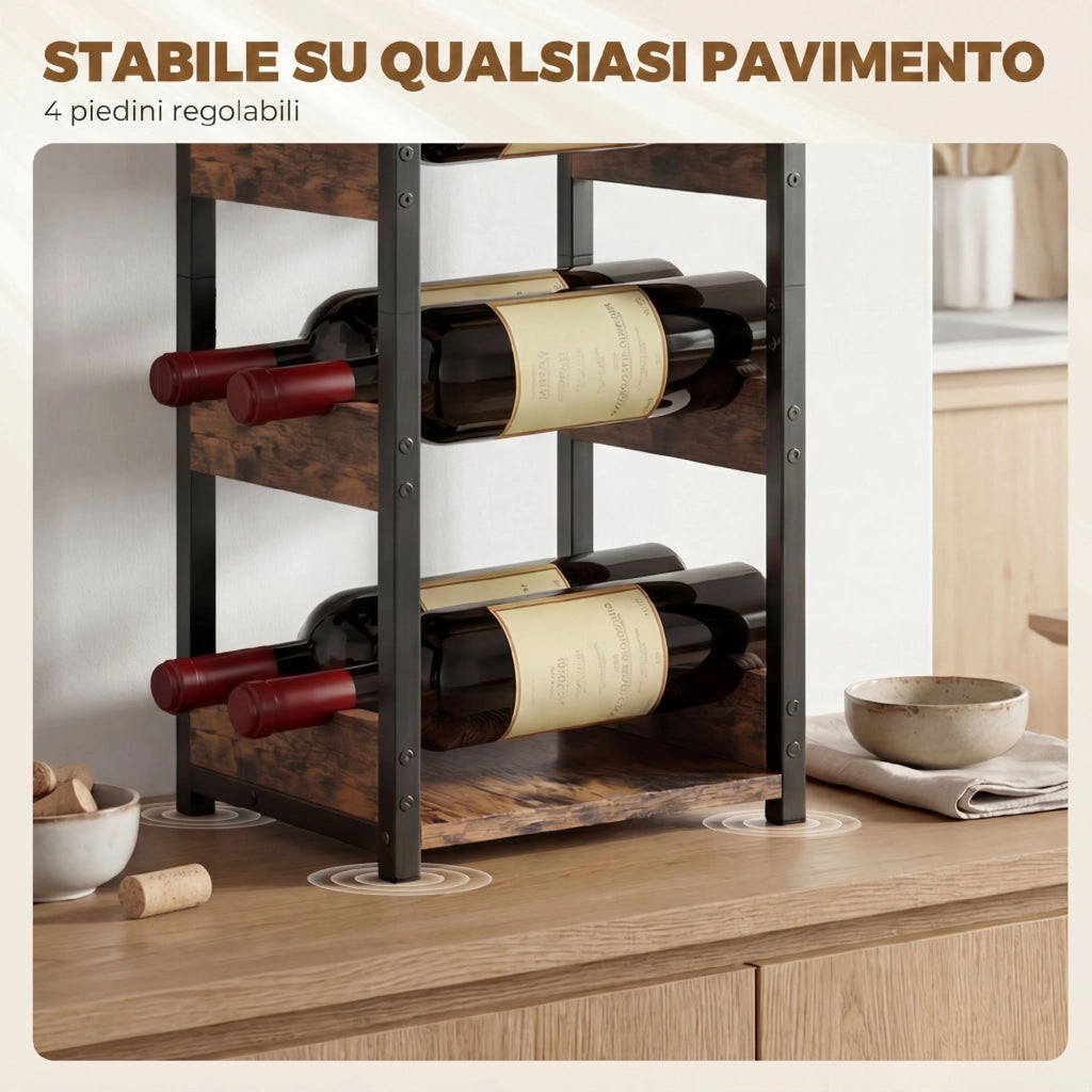 Tavolino ¨C Minimal ¨C marrone rustico, nero, scaffali ondulati, piedini regolabili