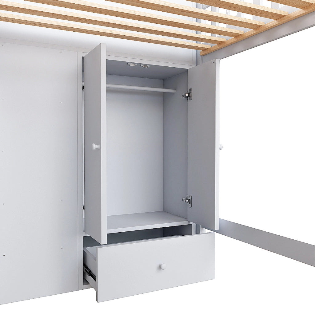 Letto a soppalco 90x200 cm con scala contenitore e vani portaoggetti, bianco