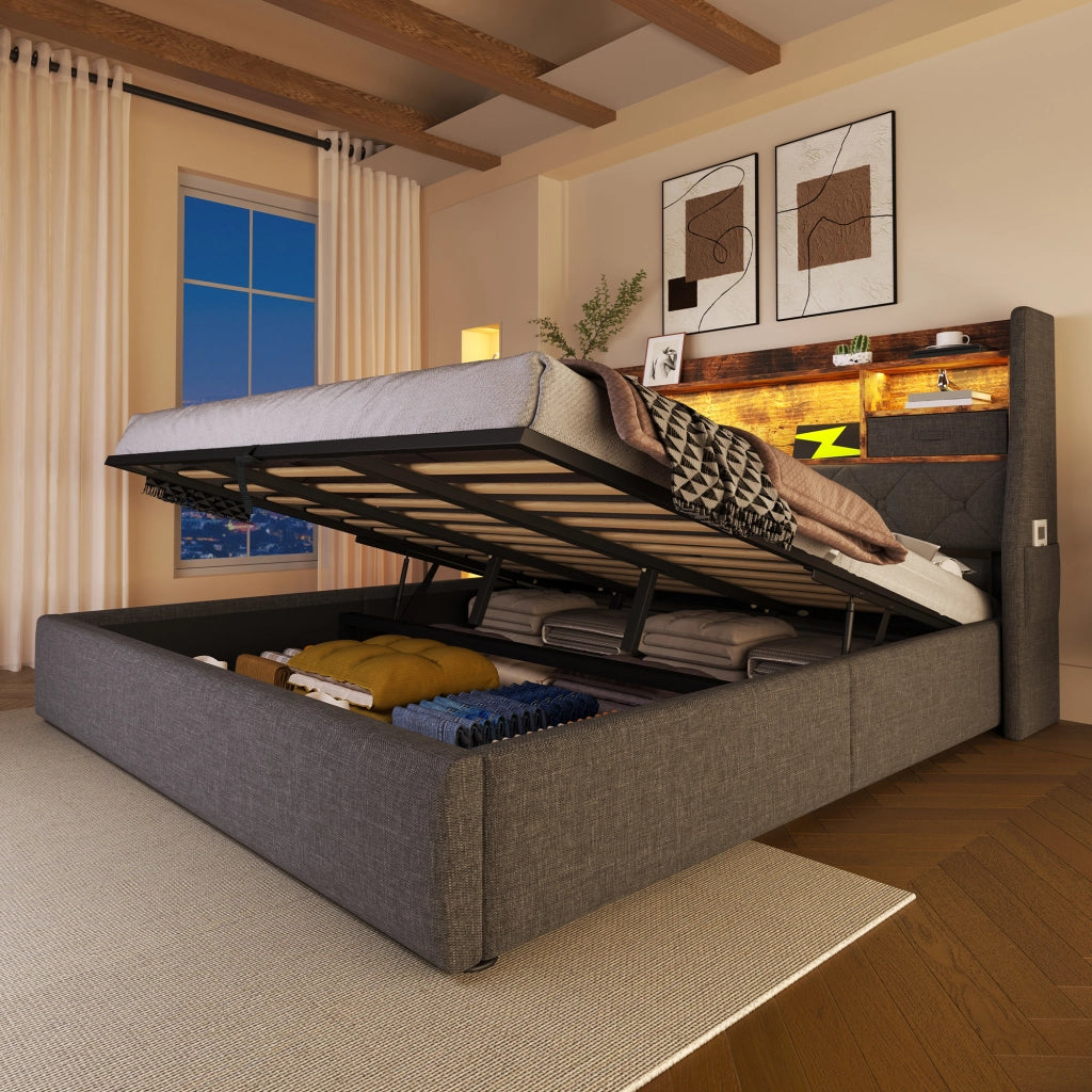 DESMIU Letto contenitore 140 × 200 cm 2 posti con LED, USB, Type-C, materasso incluso, in lino grigio