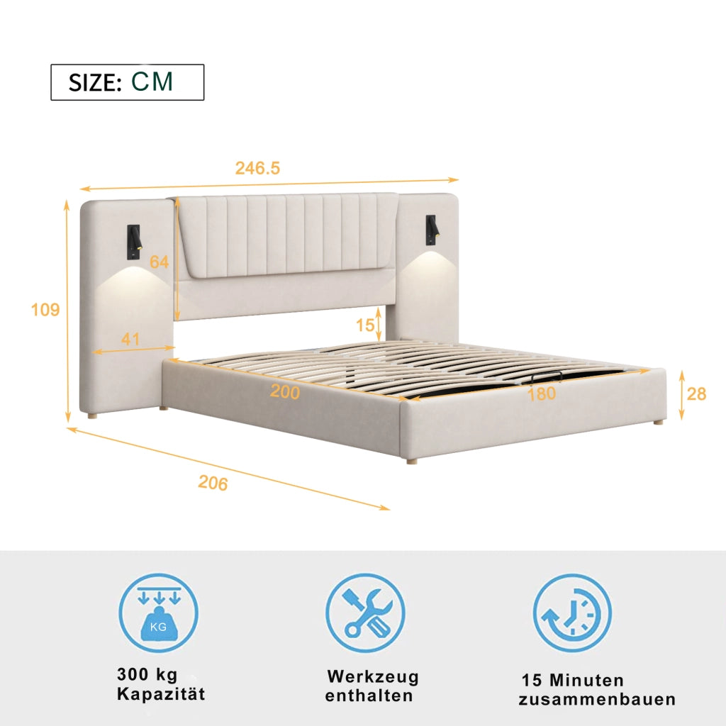 Letto imbottito 180x200cm - Zephmum - Schienale lungo, lampada regolabile, USB, idraulico, velluto, beige