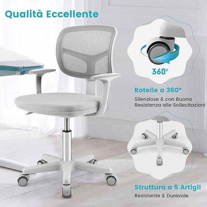 Sedia per Scrivania per Bambini, Sedia per Computer con Altezza Regolabile, Ruote con Freni, Sedile Girevole a Rete, Mobile Ergonomica per Bambini 3-10 Anni (Grigio)