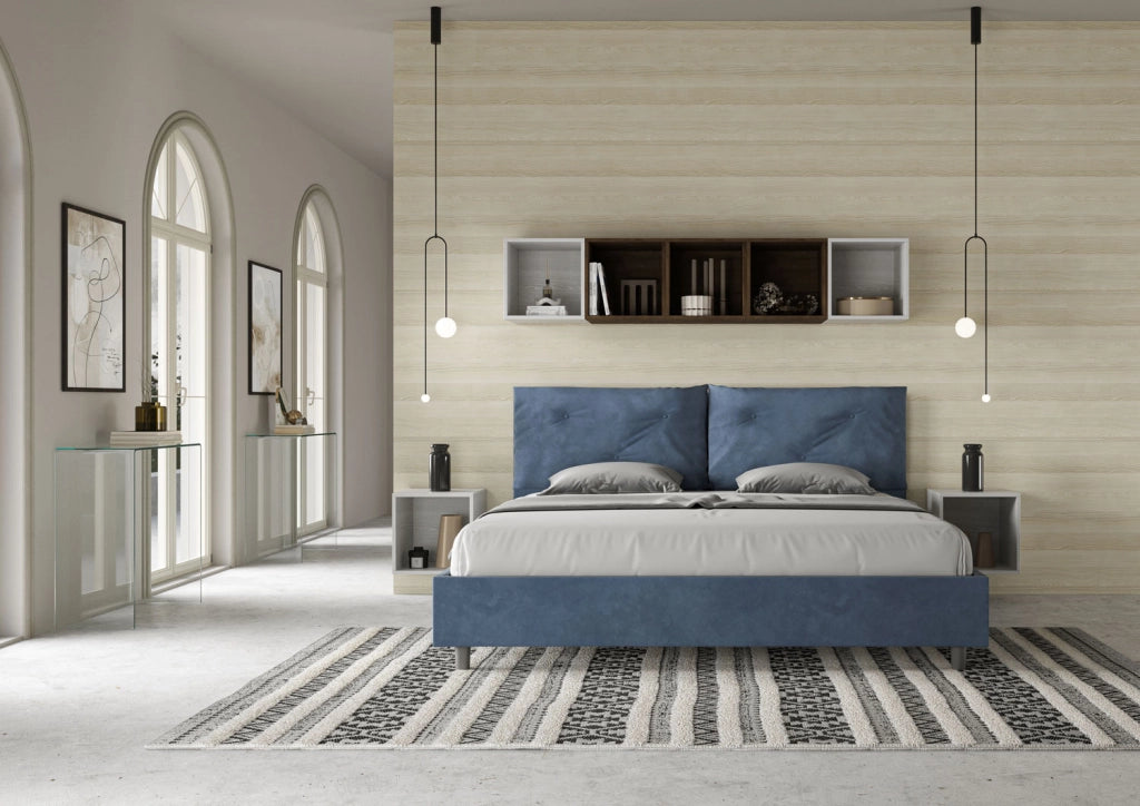 BS COM Letto matrimoniale king size con rete imbottito 190x210 microfibra blu Large