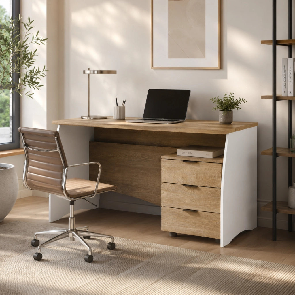 Scrivania Scrittoio Con 3 Cassetti Per Studio Ufficio Mobile Desk Da Soggiorno Sala Da Pranzo 136 X 74 X 67 Cm Bianco E Rovere