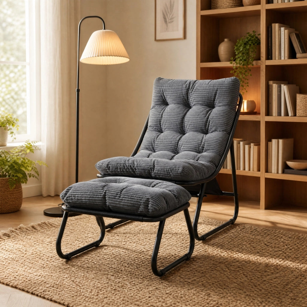 Sedia lounge da esterno con ottomano, telaio nero e cuscino grigio
