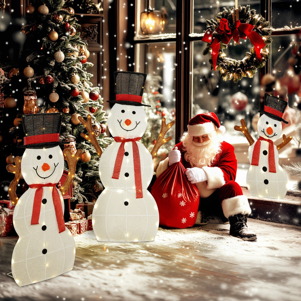 Famiglia di Pupazzi di Neve Natalizi 3 Pezzi ¨C zephmum ¨C Bianco, Acciaio, Polyester, LED, Esterno