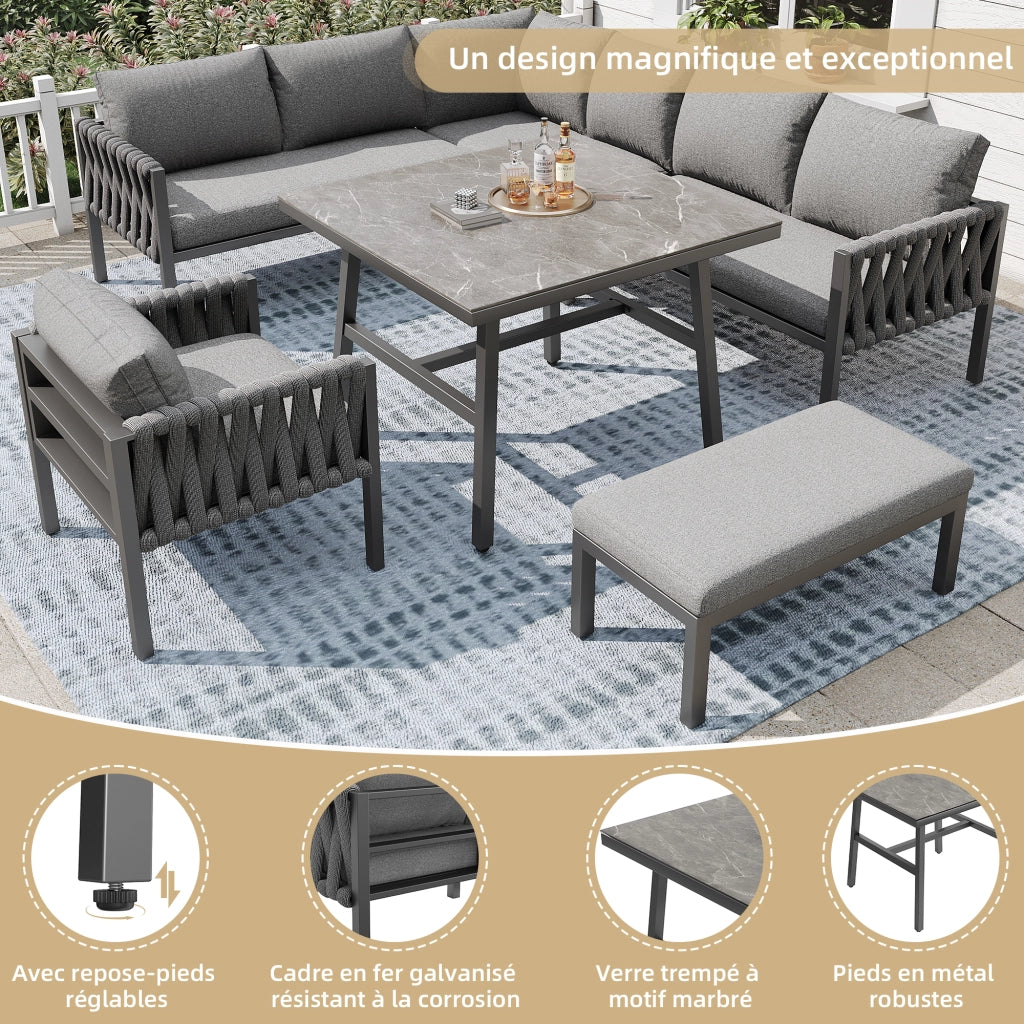 OKWISH Set da 5 mobili da giardino con divano angolare, poltrona, panca e tavolo, Metallo e Poliestere Grigio