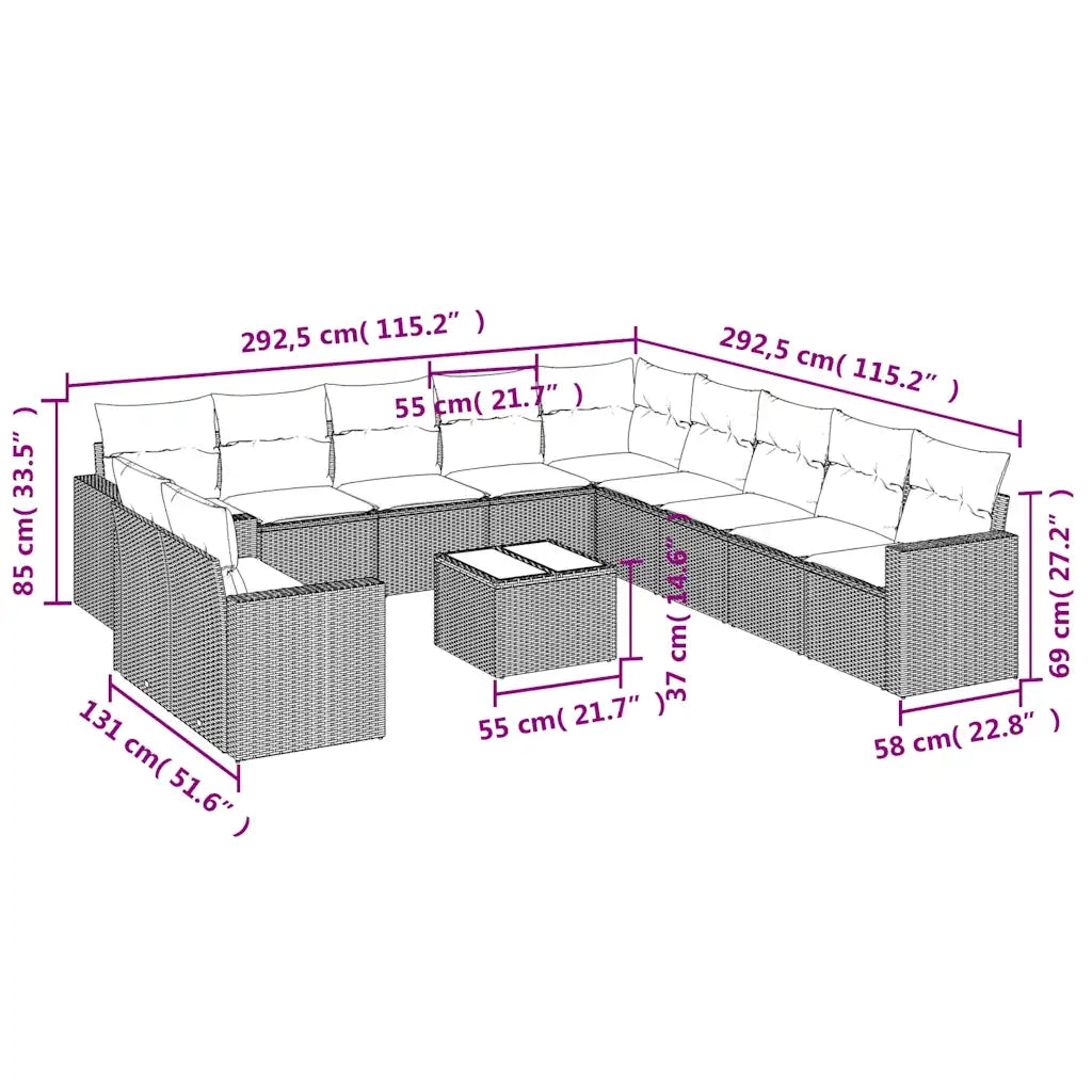Set Divani da Giardino 12 pz con Cuscini Marrone in Polyrattan 3219193