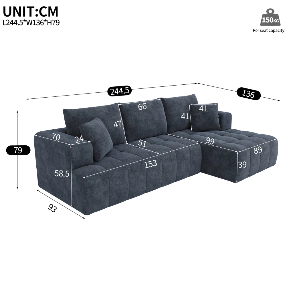 Divano angolare modulare senza struttura 3 o 4 posti con cuscini, in Chenille Blu
