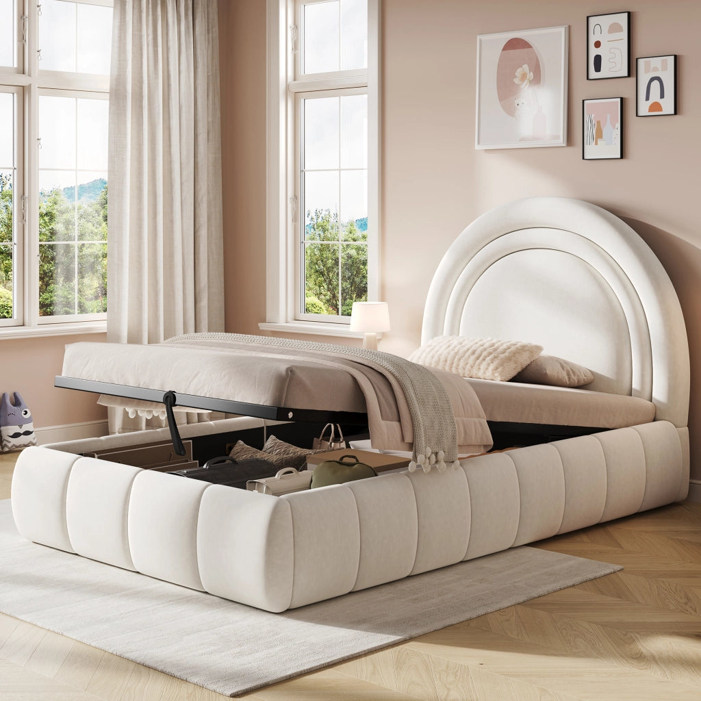 Letto contenitore per bambini 90×200 cm; letto singolo con apertura idraulica e testiera imbottita; senza materasso; beige