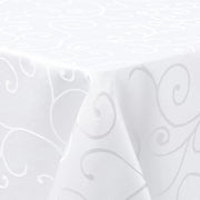 Tela da tavolo in poliestere jacquard 130x130cm, resistente al grasso, facile da pulire, con ornamenti, bianco.