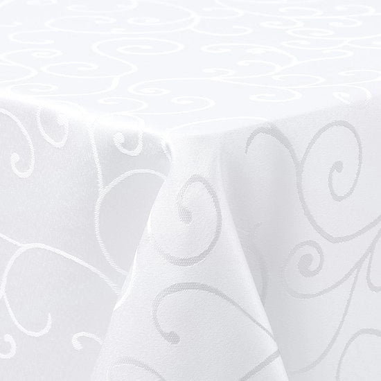Tela da tavolo in poliestere jacquard 130x130cm, resistente al grasso, facile da pulire, con ornamenti, bianco.