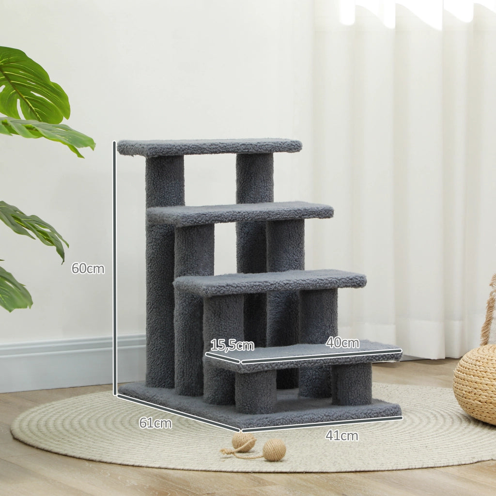 Scaletta per animali domestici, scaletta per gatti, scaletta per cani, 4 gradini, grigia, 63,5x43x60 cm, per gatti e cani, ideale per animali anziani