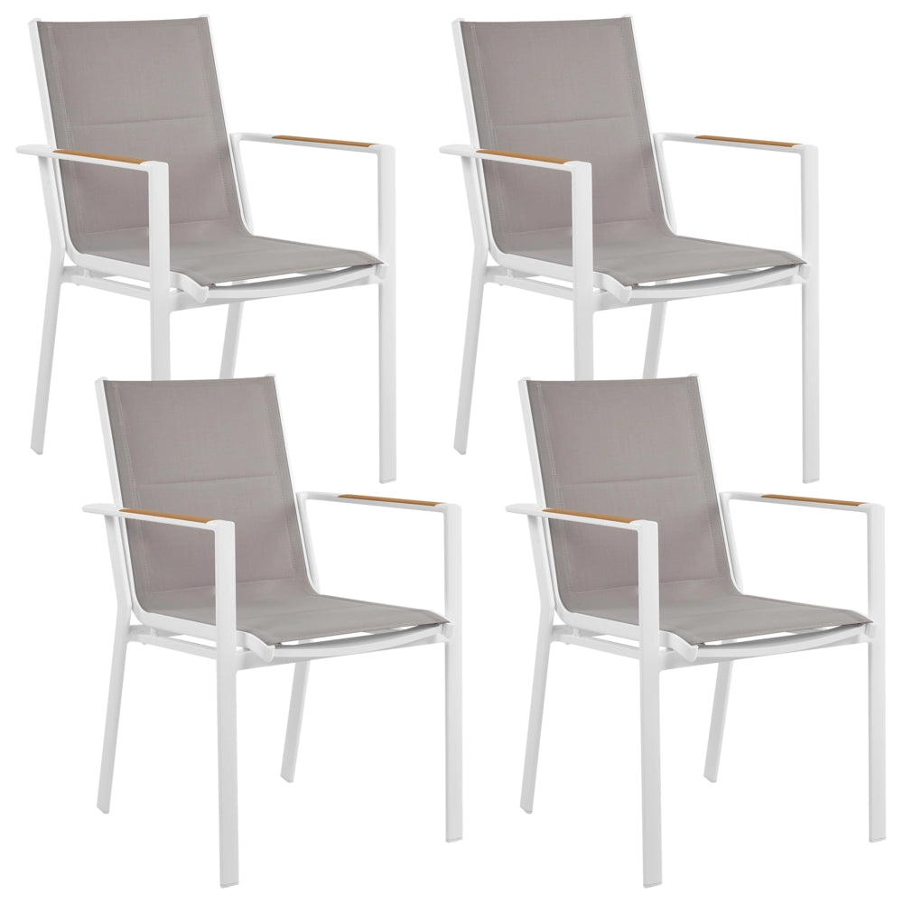 Set da pranzo 4 posti composto da tavolo in alluminio con piano in vetro ceramico e sedie con cuscini grigi giardino terrazzo elegante