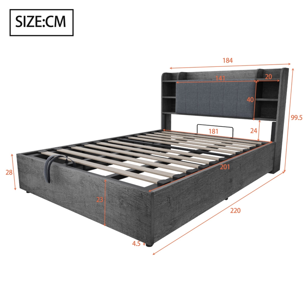 Letto contenitore 180 × 200 cm con sollevamento idraulico, USB e Type-C, ripiani, senza materasso, grigio