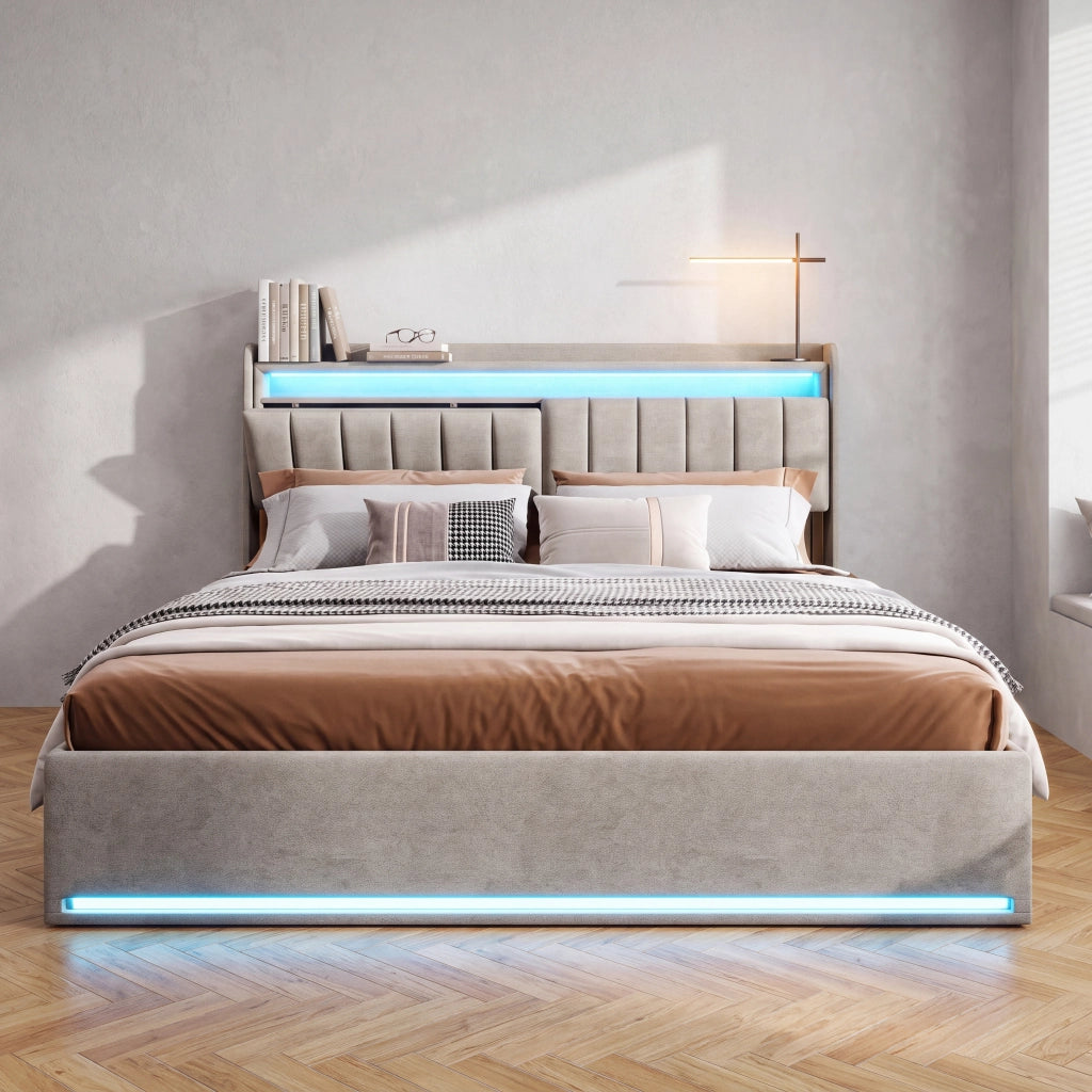 Letto matrimoniale 160x200 con contenitore;letto matrimoniale contenitore con testiera LED;struttura letto matrimoniale imbottita in velluto grigio