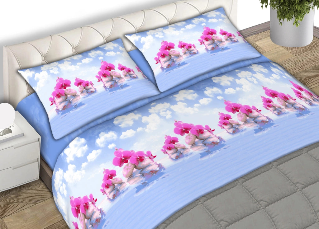 Completo Lenzuola 100% Cotone Made Italy Fantasia Floreal Cloud C.N. - Matrimoniale - Azzurro