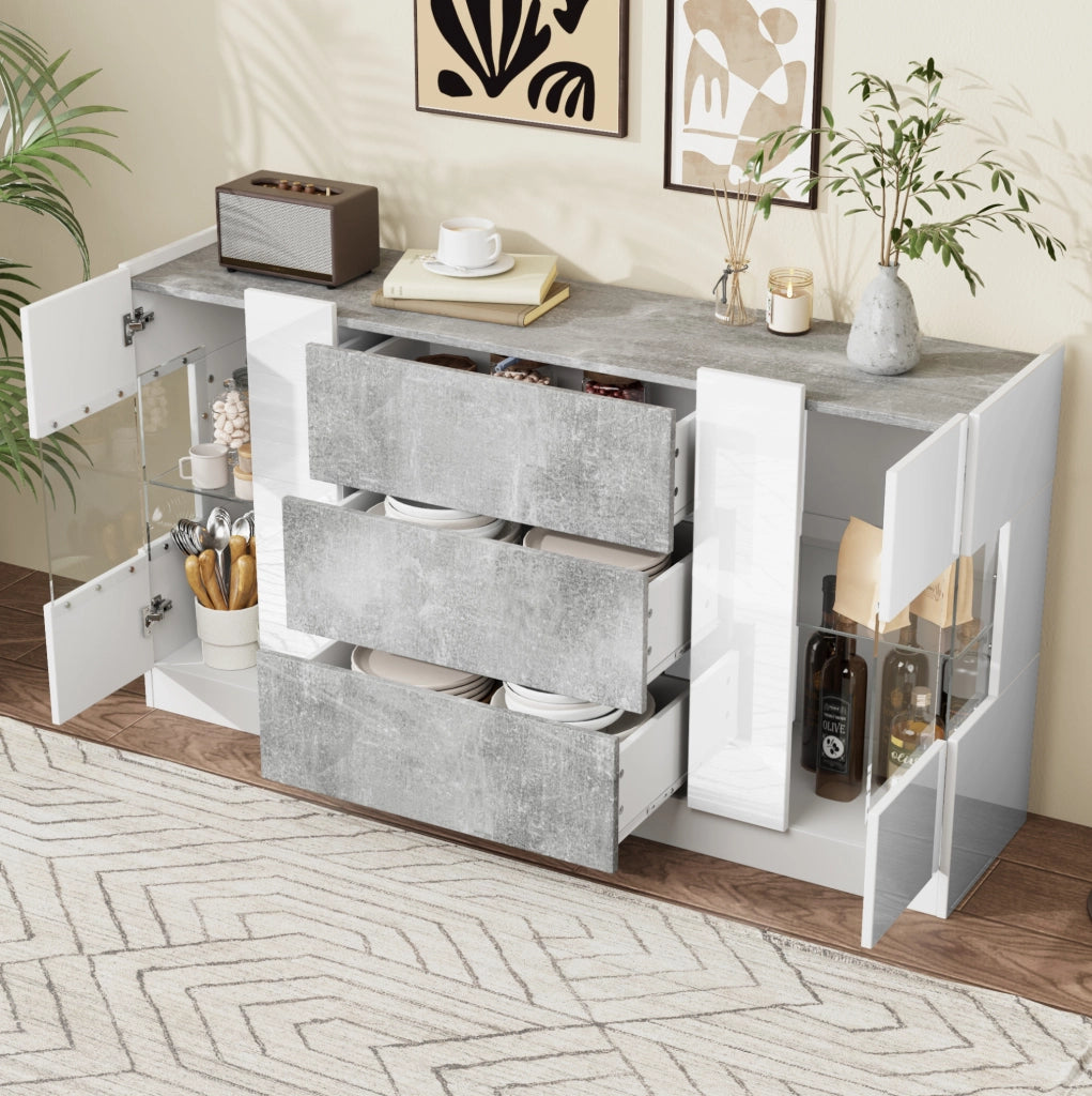 Sideboard moderno 140x35x75 cm con LED; 2 ante e 3 cassetti; bianco lucido e marmo grigio