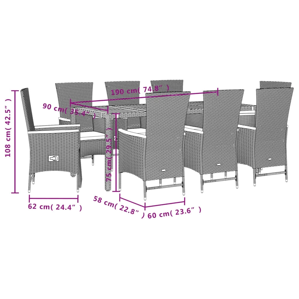 Set da Pranzo da Giardino 9 pz con Cuscini Nero in Polyrattan