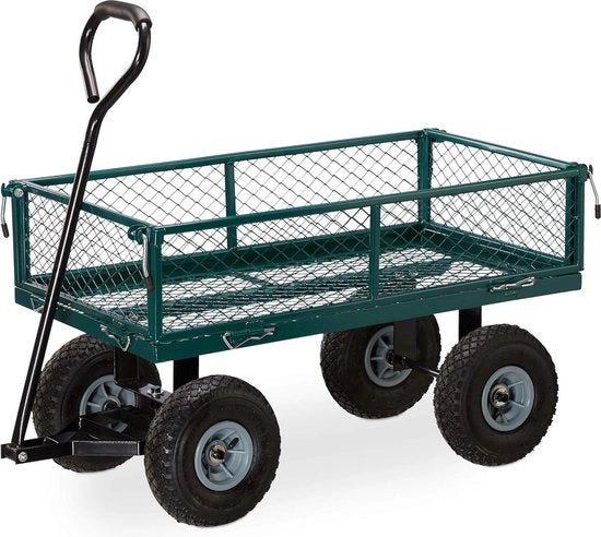 Carrello per giardino con pneumatici - laterali ripiegabili - 150 kg - verde, carrello da trasporto - carrello per piattaforme per uso esterno