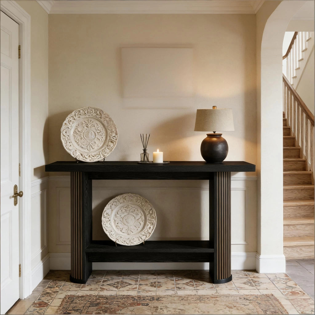 Consolle sottile in legno con piano ampio; design moderno per ingresso e soggiorno; finitura nera; 153×38×16 cm