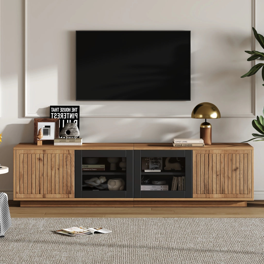 Mobile TV 180 x 40 x 45 cm in pannello truciolare, colore naturale e nero, con ante in vetro temperato e illuminazione LED