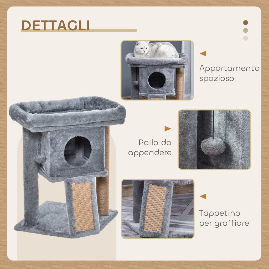 Albero Tiragraffi con Lettino e Casetta in Peluche 40x40x57 cm Tiragraffi in Juta Grigio