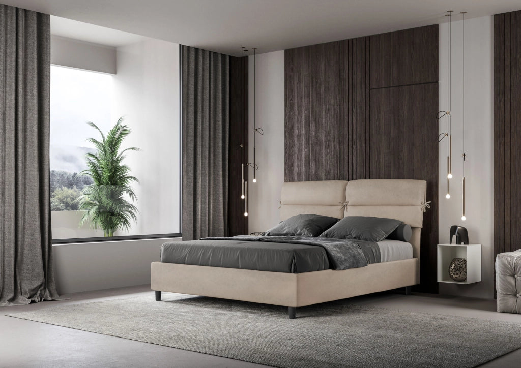 BS COM Letto matrimoniale con rete imbottito 160x190 microfibra sabbia