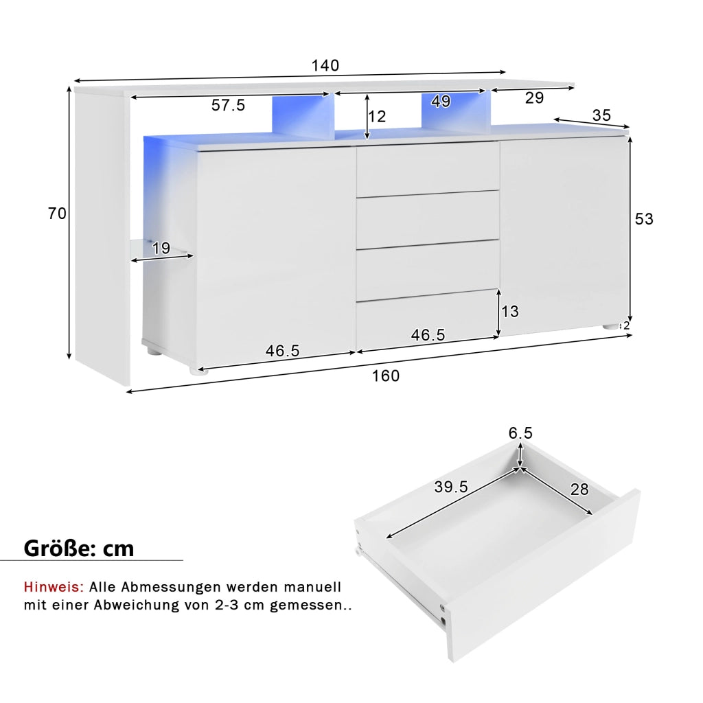 SIDEBOARD Contenitore 160x35x70 cm Bianco con LED e 4 cassetti