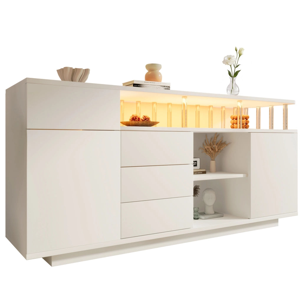 Sideboard bianco 160x40x75 cm con LED; ante e cassetti in MDF e acrilico