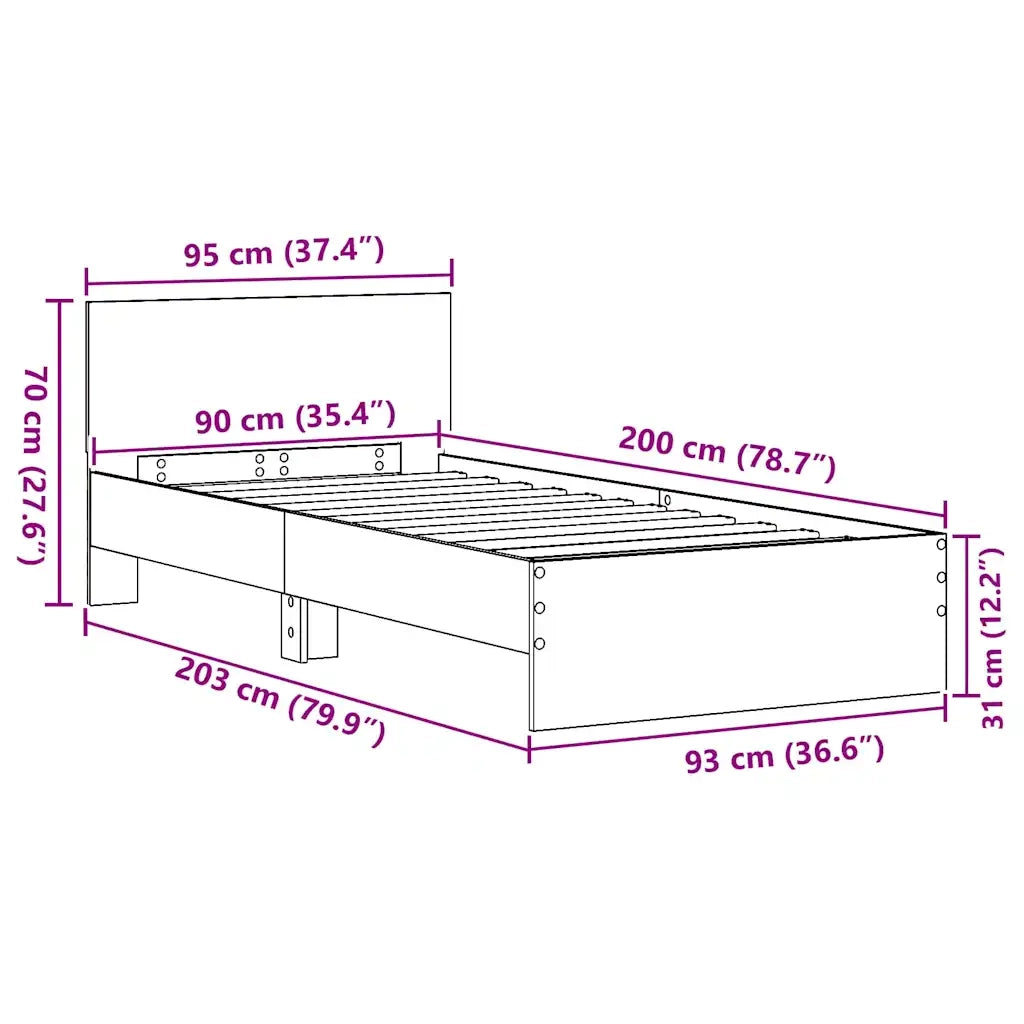Letto singolo | Letto per adulti | Struttura del letto Rovere Nero 90 x 200 cm Legno multistrato