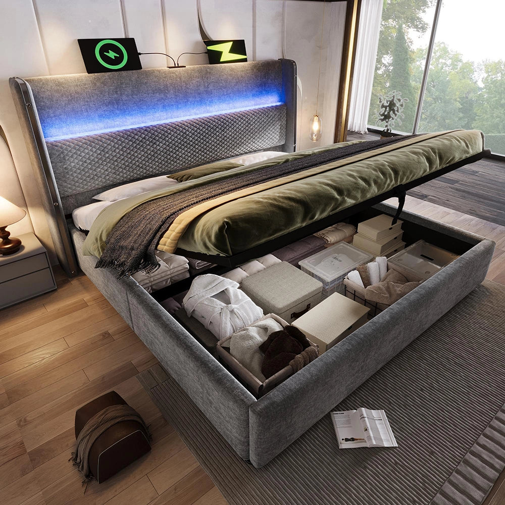 Letto 140x200cm?- Xylo - idraulico LED USB lino grigio
