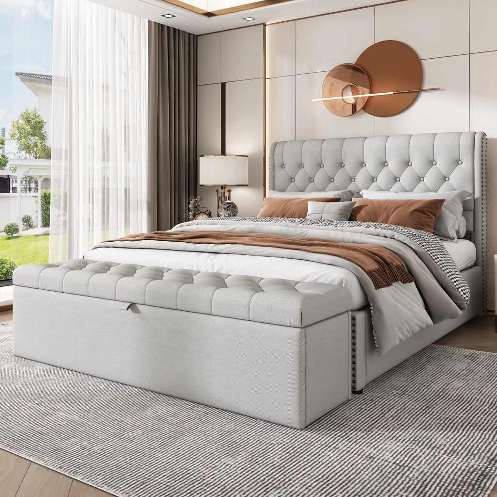 OKWISH Panca Contenitore in Lino, Panca Fondoletto con Vano Contenitore e Seduta Imbottita, Design Europeo, Grigio Chiaro