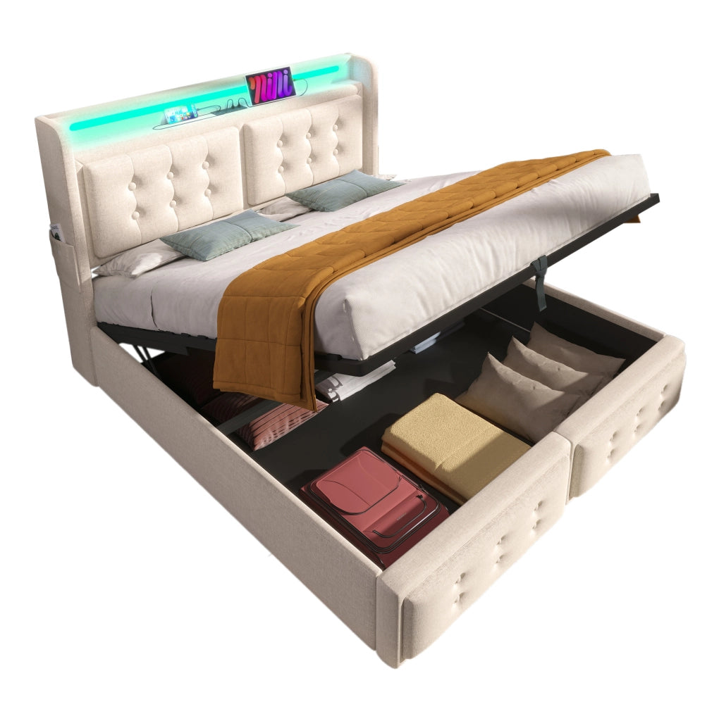 Letto imbottito 160x200 con testiera LED, prese e USB-C