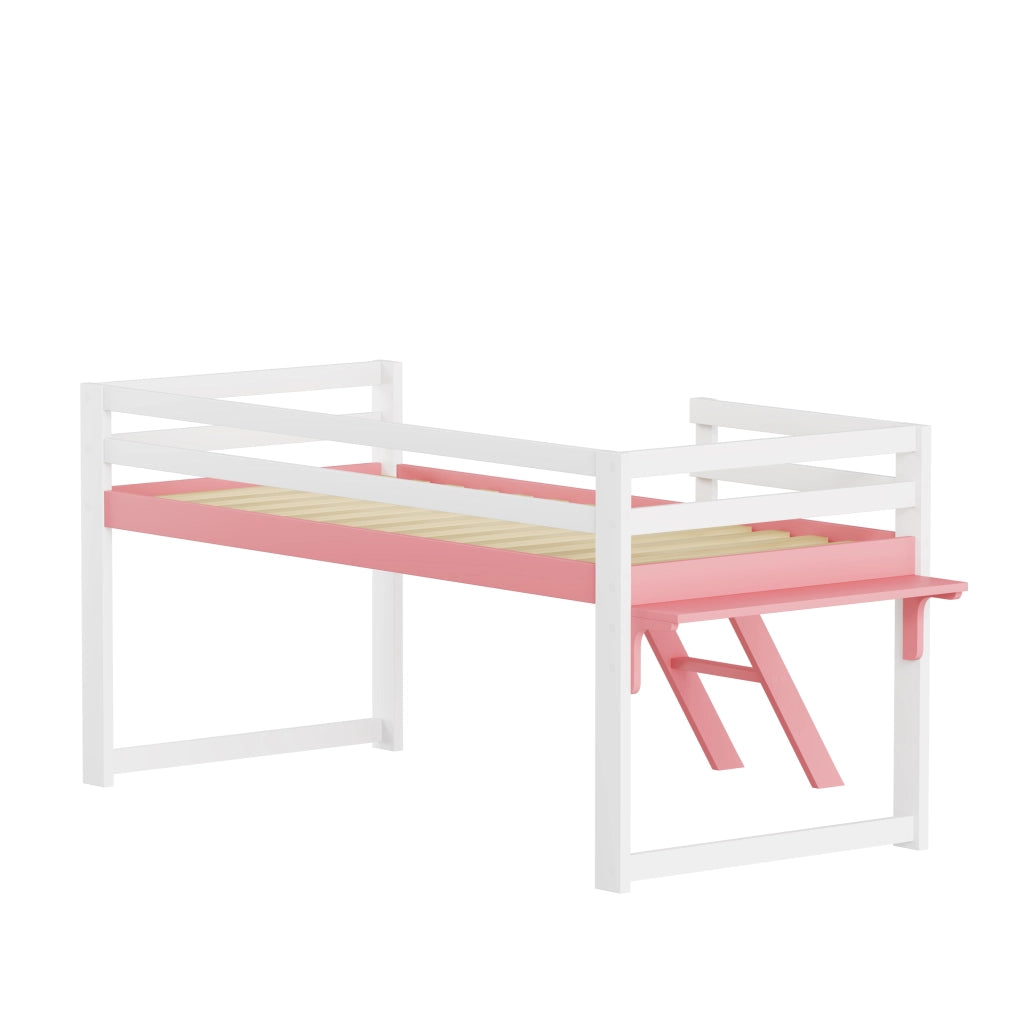 Letto a soppalco per bambini 90x200 cm in legno massello di pino, letto per bambini con sistema anticaduta, scaletta fissa e tavolino contenitore, ret