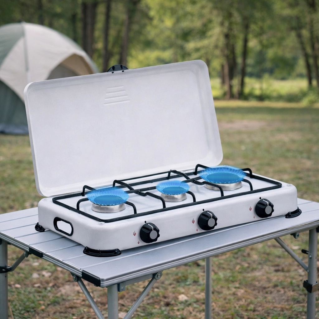 Fornello 3 Fuochi Bianco "PREMIUM " 3, Gas GPL, Coperchio Protettivo, Griglia e Fuochi in ghisa Removibili, Struttura in Acciaio Smaltato