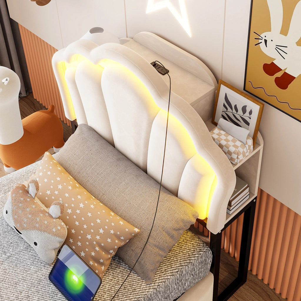 Letto imbottito 90x200 cm con vano contenitore idraulico e LED beige