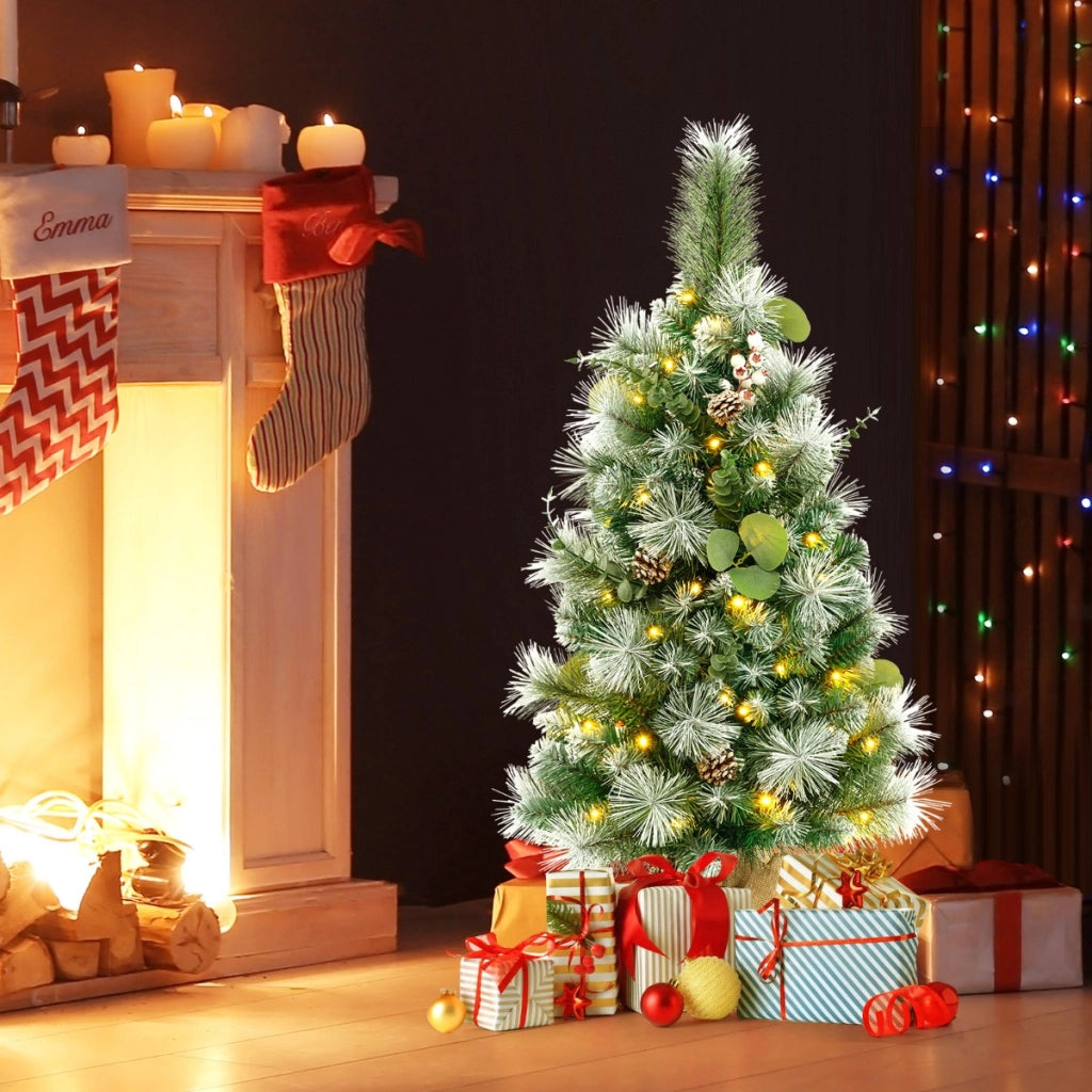 90cm Albero di Natale mini artificiale con 98 foglie di PVC innevate e 30 luci LED-Decorazione natalizia a batteria