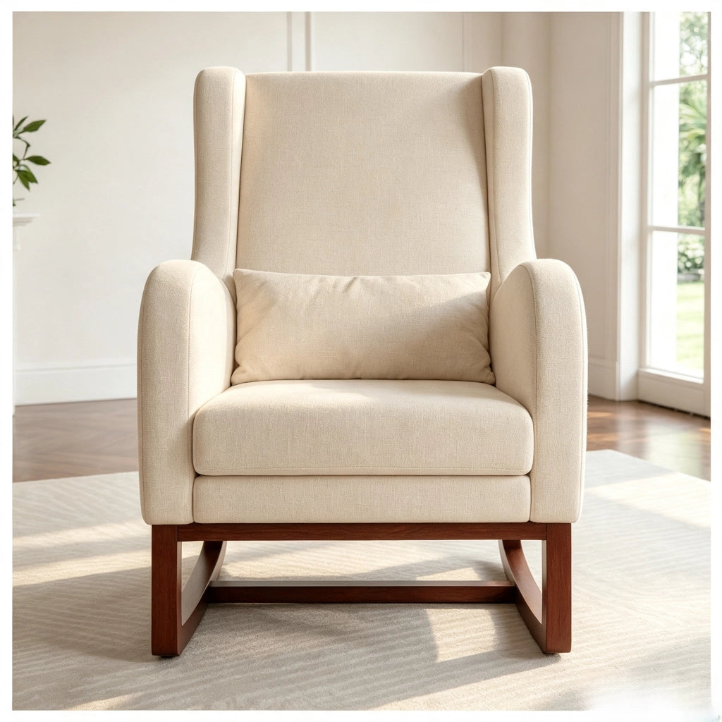 Poltrona relax a dondolo 73x62x48 cm con poggiapiedi;sedia a dondolo da interno per allattamento;struttura in legno e velluto opaco beige